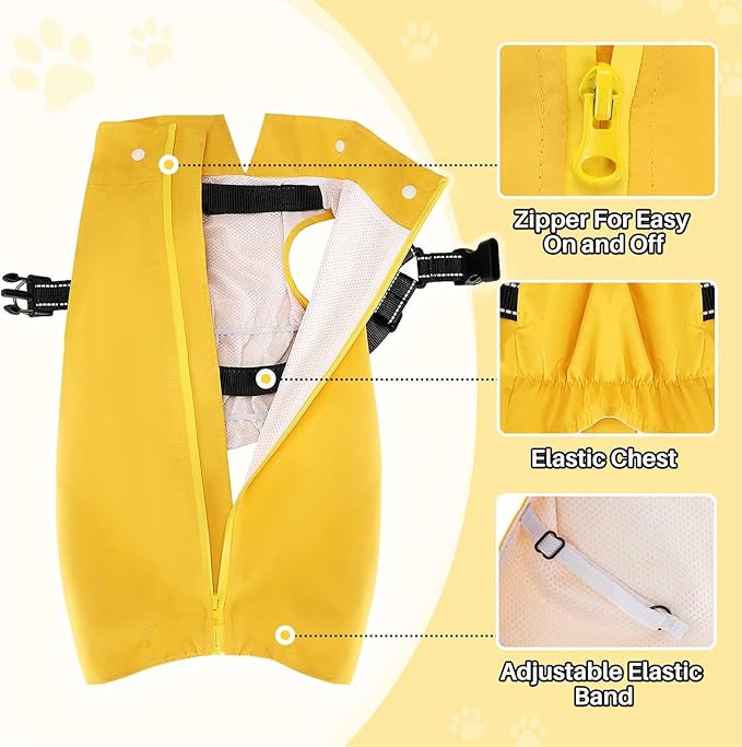 SlowTon Dog Raincoat Waterproof - Dog Rain Jacket with Harness and Hood Lightweight, Reflective Dogs Rain Coat for Large Medium Small Dogs Pet Clothes (Y, L)