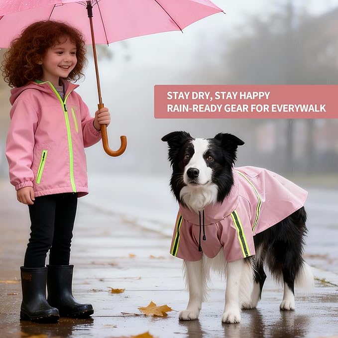 Dog Raincoat, Waterproof Windproof Dog Rain Jacket Adjustable, Rain Coat with Leash Hole, Reflective Strap Raincoat Poncho for Small Medium Large Dogs Outdoor (Reflection-Pink, L)