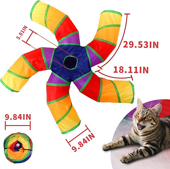 Pet Cat Tunnel, 5 Way Tunnels for Indoor Cats, Collapsible Pet Tunnel for Kitten, Puppy, Rabbit, 25cm-Wide Tunnels, Durable & Breathable, with Peek Hole Toy Ball