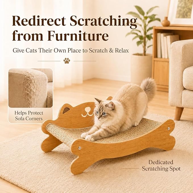 Cat Scratcher Bed for Indoor Cats - Summer Cool Hammock, 23.2″ Large Scratching Lounge with 40 lbs Weight Capacity, Wooden Modern Cat Scratching Post & Pad Furniture