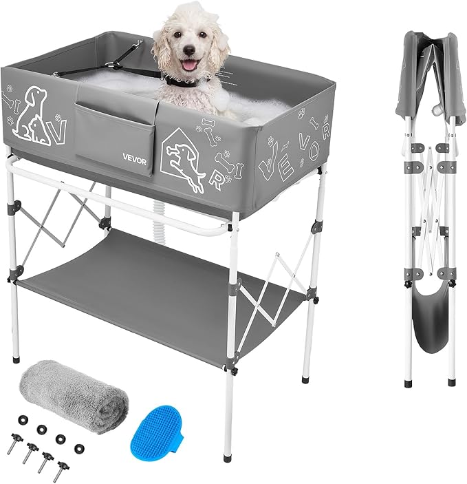 VEVOR Dog Bathtub, Elevated Dog Bath Tub, Collapsible Pet Bathing Grooming Wash Station, Portable Foldable Space-Saving, with Built-in Drain Hose for Small and Medium Pet Cat Indoor & Outdoor, Gray