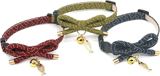 Cute Bowtie Cat Collar with Bell. Japanese Stylish Bowknot & Fish Charm. Safety Breakaway, Soft, Lightweight, for Girl Boy Male Female Cats Kitten,Red
