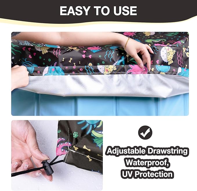Foldable Round Dog Swimming Pool Cover, for 32 "/63“/48” Collapsible Outdoor Tub, PVC Coating Waterproof and UV Protection, Leakproof Washable Kiddie Pet Small Paddling Bath Accessories