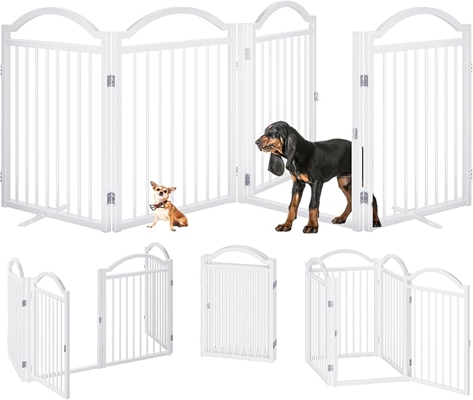 BHG Metal No-Assembly Freestanding Dog Gate with Door Walk Through, Extra Wide 96", Extra Tall 32" Pet Gate, Accordion Puppy Folding Playpen Dog Fence for Indoor & Outdoor, with 2PCS Support