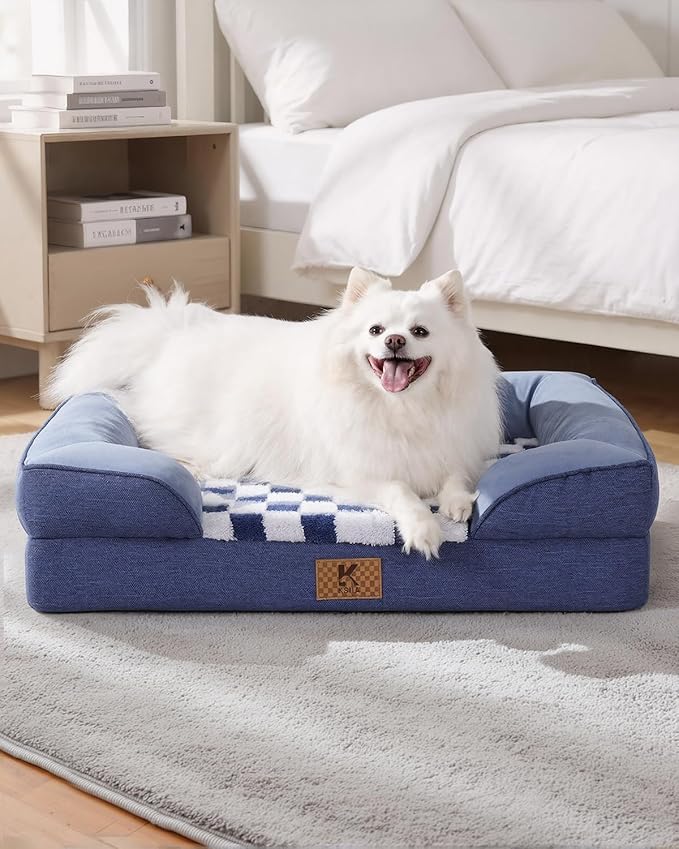 KSIIA Waterproof Dog Bed Orthopedic for Medium Senior Dog Couch with Sides, Extra Thick Supportive Pet Bed Sofa with Soft Plush Cover and Non-Slip Bottom, 36 x 27 Inch, Blue
