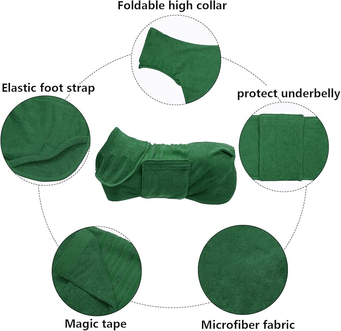 Geyecete Dog Drying Coat - Fast Drying Dog Bathrobe Towel - Microfibre Super Absorbent Pet Cat Bath Robe, Luxuriously Soft Green M