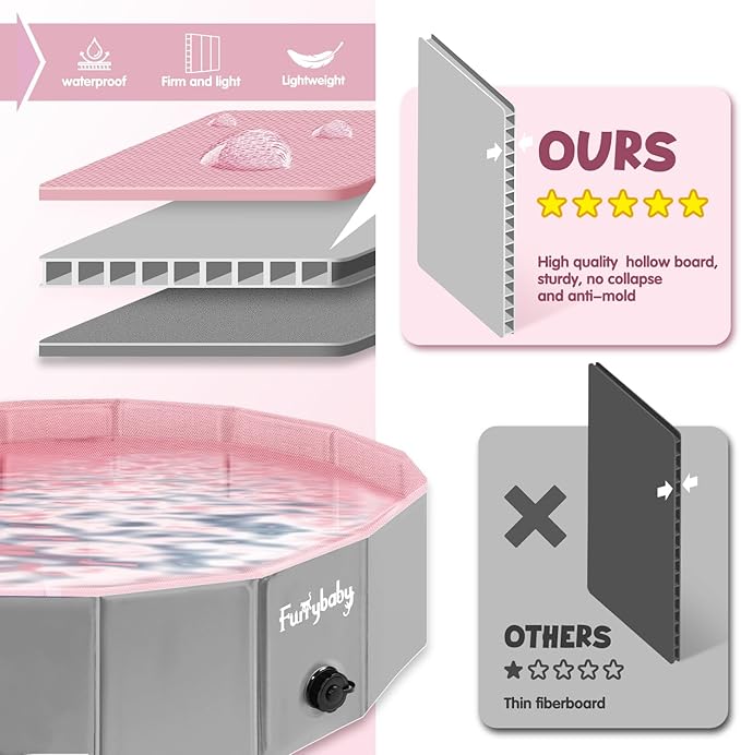 Furrybaby Foldable Dog Pool 32", Hard Plastic Kiddie Pool for Dogs, Collapsible Dog Pool with Rigid PP Core, Non-Slip PVC, Durable Pet Bath Tub for Indoor/Outdoor Backyard, Pink
