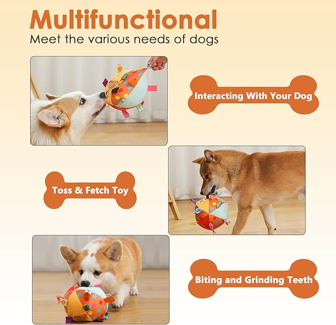 Letalong Dog Squeaky Plush Toy with Straps, 6-Inch Soft Stuffed Ball with Cotton Material and Bell Built-in, Pet Interactive Fetch Toy for Small to Large Dog