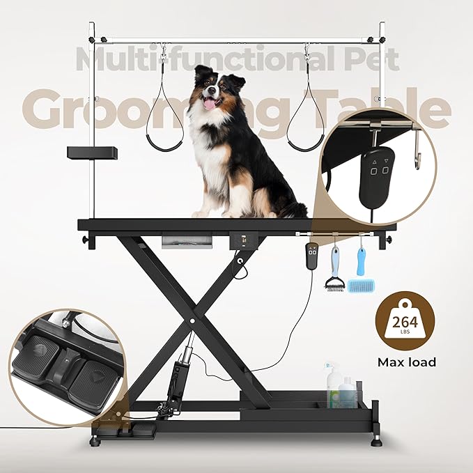 SoarFlash 49.6” Electric Lift Pet Dog Grooming Table,Heavy Duty Electric Grooming Table for Dogs&Cats,Heavy Duty Height Adjustable with Overhead Arm, Clamps, Two Grooming Noose