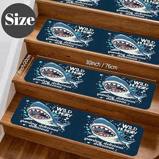 Animal Cartoon Shark Cute Stair Treads for Wooden Steps Indoor Washable Staircase Carpet 1PCS 30"x7.8" Stair Step Treads Non-Slip Staircase Covers Peel and Stick Safety Mat for Kids Elders Pets