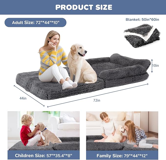 OtterOasis Foldable Human Dog Bed for Adults, Fluffy Human Sized with Blanket, Orthopedic Washable Dog Bed with Memory Foam and Water Repellent Liner for Pet (Grey, 72 * 44 * 10 inch)