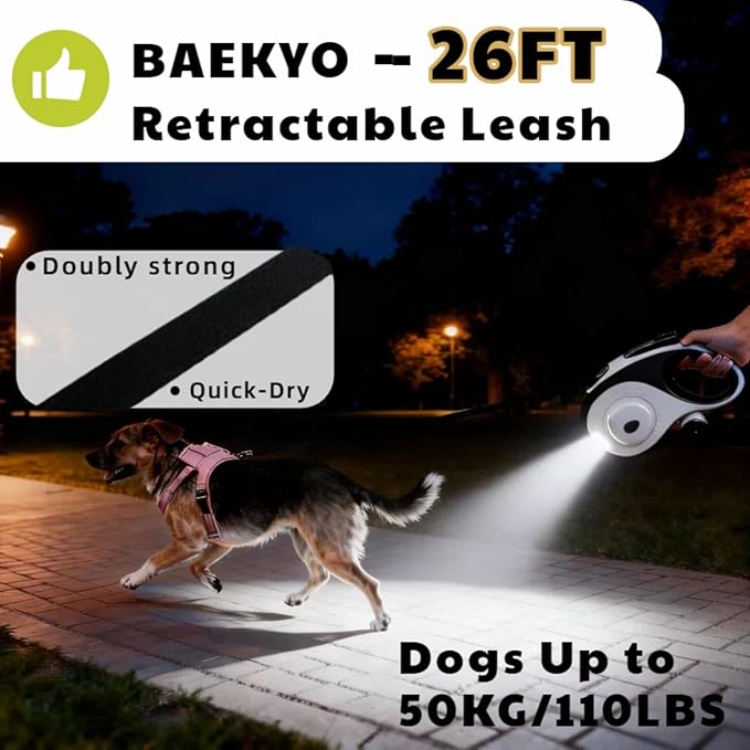 26ft Retractable Dog Leash for Large Dogs with Poop Bag Holder and LED Light,Heavy Duty Retractable Dog Leash with Chew Proof Extender,One-Hand Lock System,Impact-Resistant,Up to 110 lbs(Wihte)