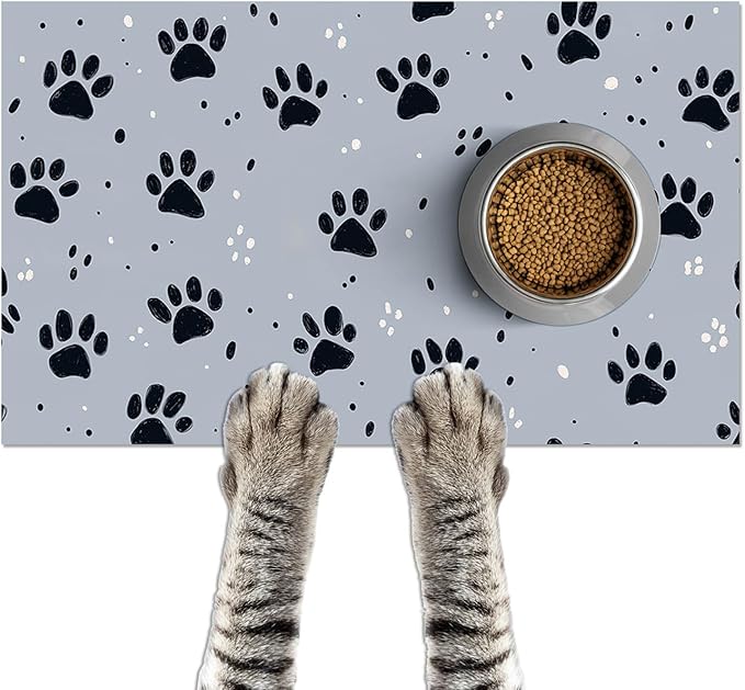 HOMETITUTE 24x16 inch Non Slip Pet Food Mat Cat Bowl Placemat for Food and Water Small Dog Bowl Mats Cat Food Mat Easy to Clean Feeding Mat for Small Pets Paw Print Design