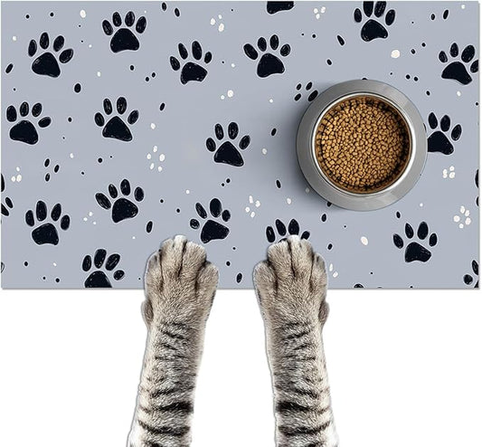 HOMETITUTE 24x16 inch Non Slip Pet Food Mat Cat Bowl Placemat for Food and Water Small Dog Bowl Mats Cat Food Mat Easy to Clean Feeding Mat for Small Pets Paw Print Design