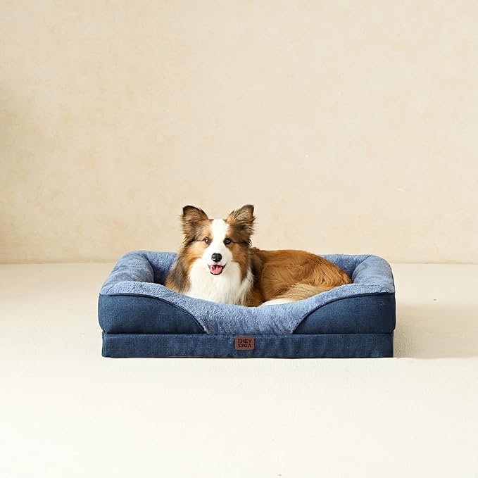 EHEYCIGA Orthopedic Dog Bed for Large Sized Dog, 36x27 Inch Large Memory Foam Dog Couch Bed with Sides, Waterproof Liner & Washable Removable Cover, Bolster Pet Sofa, Navy