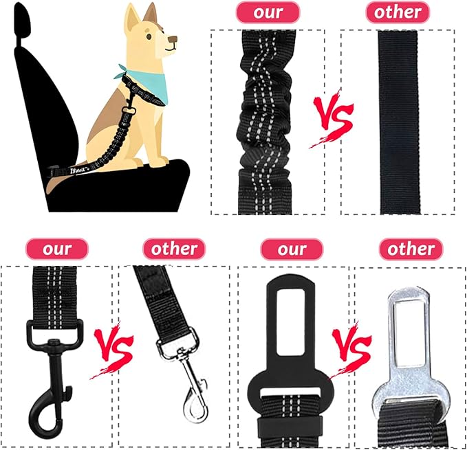 IBWell Dog Seat Belt,3 Piece Set Retractable Dog Car Harness Adjustable Dog Seat Belt for Vehicle Nylon Pet Safety Seat Belts Heavy Duty & Elastic (Black & Red)