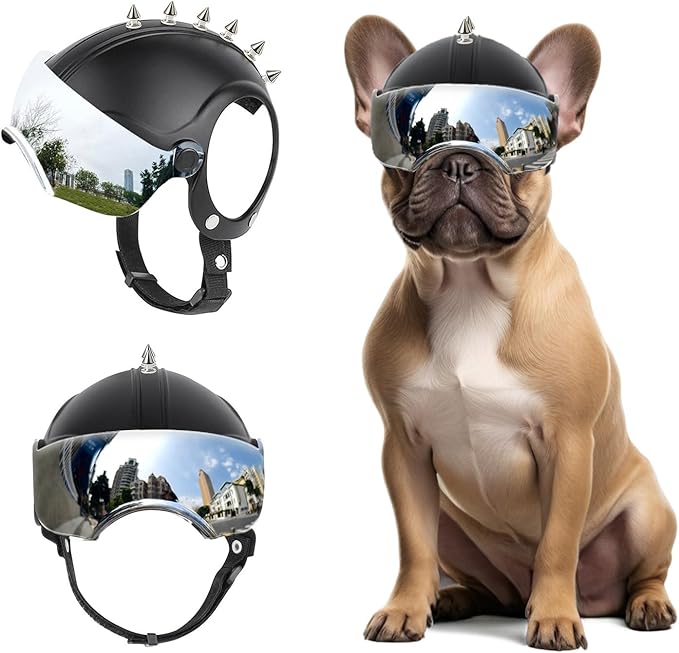 Small Dog Helmet, Pet Motorcycle Helmet with Ear Holes, Adjustable Pet Safety Hat with Flip-Up Silver Visor, Small-Medium Puppy Heads Protection, Spiked