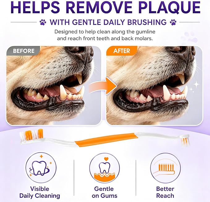 Dog Toothbrush – Newly Upgraded Dual-Head Design with 60° Wavy Bristles–Gently Surrounds Teeth for Deep Cleaning and Plaque Removal – Non-Slip Handle, Ideal for Daily Pet Dental Care (Orange, 6-Pack)
