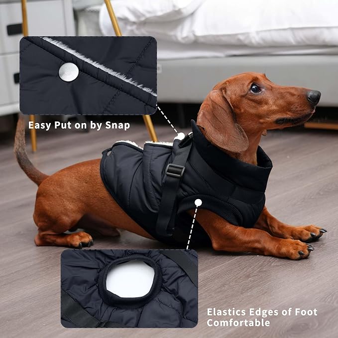 JoyDaog Dog Jacket with Harness,Fleece Lined Warm Puppy Coat for Winter,Soft Windproof Small Dog Vest,Black XS