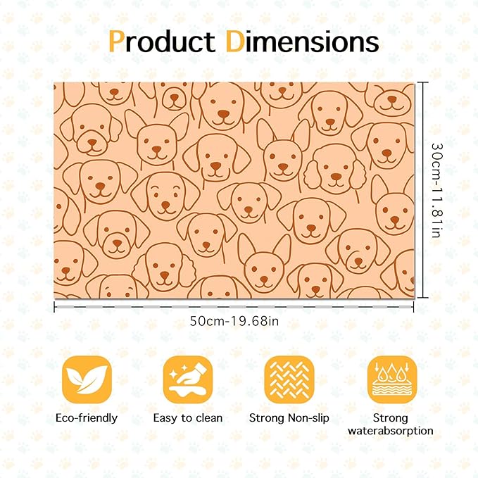 HOMETITUTE Adorable Cute Dog Faces Pattern Pets Food Mat Spill-Proof Pets Feeding Mats Cats Food and Water Bowl Pet Easy Clean Fast Dry Pet Mats for Foods and Water Mat for Cat Dogs 20" x 12"