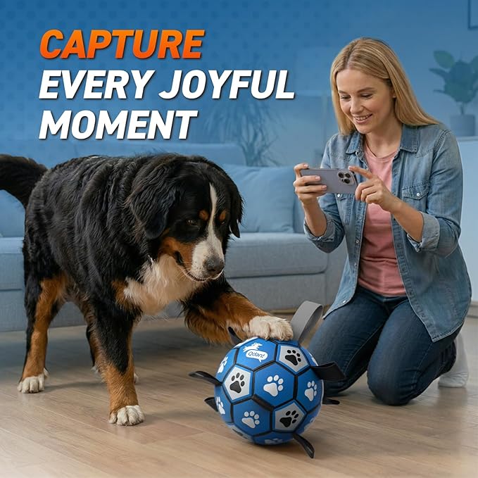 QDAN Extra Large Dog Toys Soccer Ball - Durable Dog Balls for Extra Large Dogs with Straps, Outdoor Dog Toys, Dog Water Toy, Herding Ball (9 Inch)