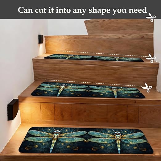 Animal Ethnic Dragonfly Stair Treads for Wooden Steps Indoor Washable Staircase Carpet 1PCS 30"x7.8" Stair Step Treads Non-Slip Staircase Covers Peel and Stick Safety Mat for Kids Elders Pets