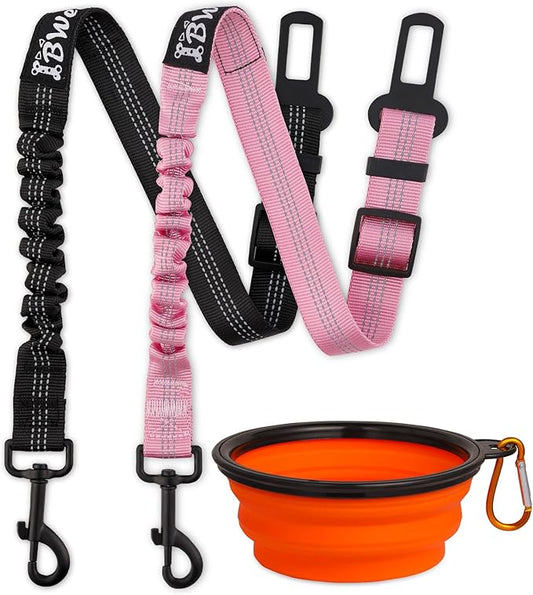 IBWell Dog Seat Belt,3 Piece Set Retractable Dog Car Harness Adjustable Dog Seat Belt for Vehicle Nylon Pet Safety Seat Belts Heavy Duty & Elastic (Black & Pink)