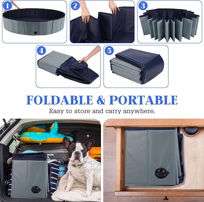 Eooqi Foldable Dog Pool, Portable Pet Bath Tub and Kiddie Swimming Pool, Collapsible Bathtub for Puppies, Small, Medium and Large Dogs, Cats and Kids, 39.5 x 12 in, Gray