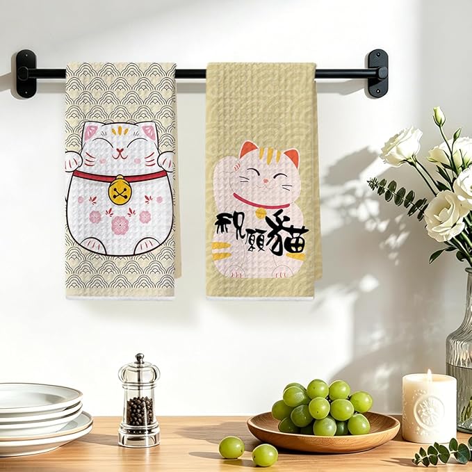 2 Pcs Japanese Lucky Cat Kitchen Towels 24x14 Inch, Maneki Neko Gifts Reusable Dish Towels for Kitchen Bathroom Decor, Waffle Weave Hand Cloth Tea Towel, Cute Cat Lover Gifts for Women Mom Friend