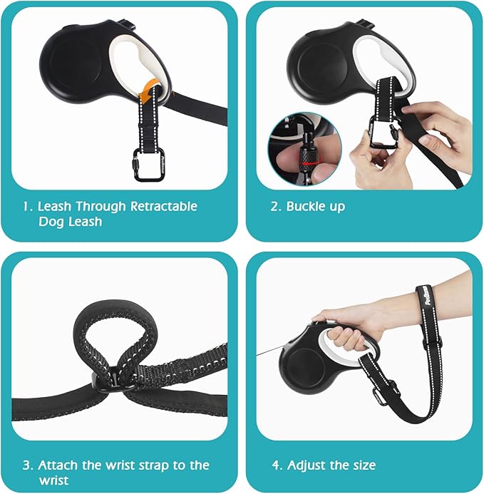 PetBonus Dog Leash Wrist Strap, Safety Strap for Retractable Leash, Lockable Reflective Short Dog Walking Lead with Adjustable Soft Padded Handle, Extra Layer Security for Pet Stroller (Black)