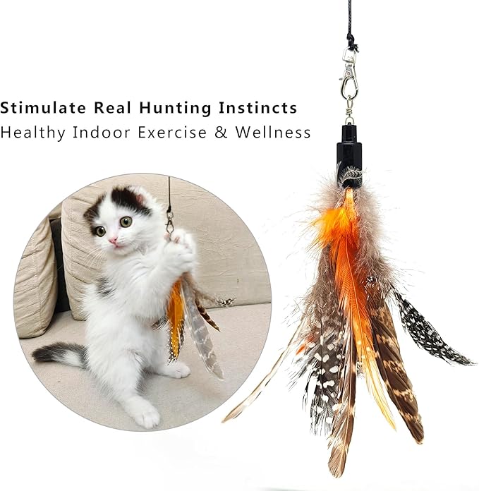 7 PCS Cat Wand Toy Refills - 6 Pack Natural Feather Attachments & 1 Replacement Elastic String with Lobster Clasp, Interactive Teaser Toy Refills for Indoor Cats and Kittens(6 Feather Refills)