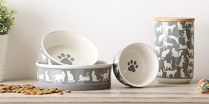 Bone Dry Ceramic Cat Bowls, Microwave & Dishwasher Safe, Large Set, 7.5x2.4, Gray, 2 Count