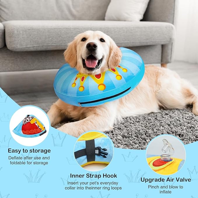 SCENEREAL Dog Cone Alternative After Surgery Donut Collar, Soft Pet Recovery Pillow Collar for Medium Large Dogs, Inflatable Adjustable Neck Collars to Prevent Licking, King Print E-Collars L