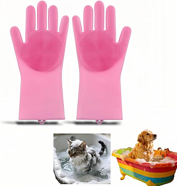 Silicone Dog Grooming Glove for Dogs and Cats, Enhanced Five-Finger Fit, Non-Slip & Extended Cuff, Dual-Sided Pet Bath Brush for Washing, Massage & Deep Cleaning 1 Pair (Pink)