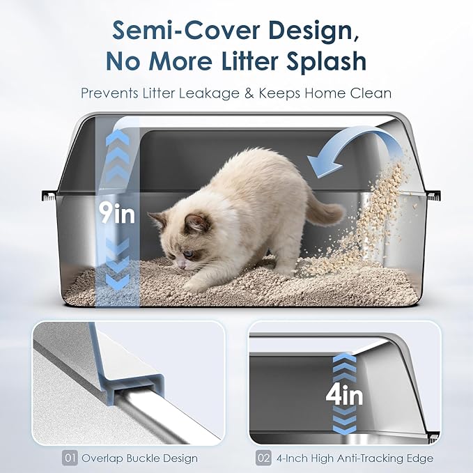 Suzzipaws 2 Pack 17.3" x13.4"x9" Stainless Steel Litter Box, Kitten Litter Box for Kittens & Small Pets, Semi-Enclosed Metal Cat Litter Box for Leak Proof, Easy-Clean Non-Stick, Odor Control