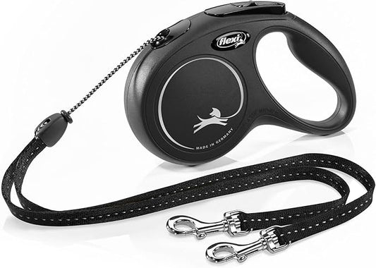 FLEXI New Classic Cord Retractable Double Dog Leash for Small Dogs Upto 18 lbs. – 16 ft., Black | Tangle Free Pet Walking Leash with One-Handed Brake, Pause, Lock