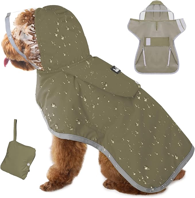 Lukovee Dog Raincoat - Lightweight Hooded Dog Rain Coat for Large Medium Small Dogs, Adjustable Poncho Jacket with Reflective Stripes & Built-in Storage Pocket (Green, Small)