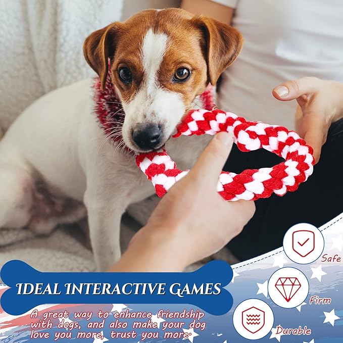 Sotiff 4 Pcs 4th of July Dog Rope Patriotic Pet Chew Toys Bone Star Heart Shape Durable Dog Toys for Small Breed Dogs Puppy Teething Independence Day Supplies, 4 Styles
