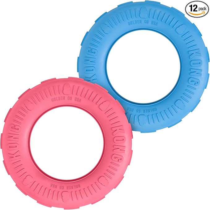 KONG Puppy Tires - Dog Chew Toy for Puppies - Stuffable Dog Toy for Treats & Snacks - Natural Rubber Chew Toy for Teething Puppy - for Small Puppies - Randomly Provided Color