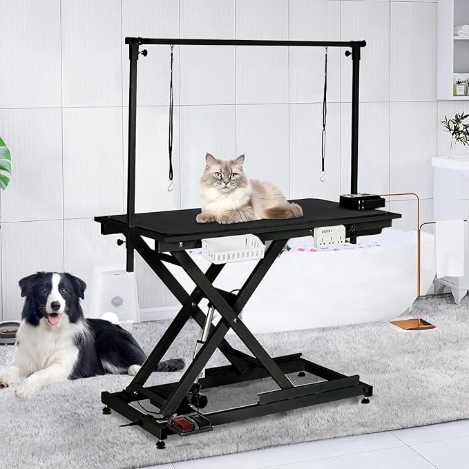 50" Heavy Duty Dog Grooming Table with Aluminium Overhead Arm,Electric Hydraulic Grooming Table with 6 USB Ports for Large Dogs 300 LBS Foot Control