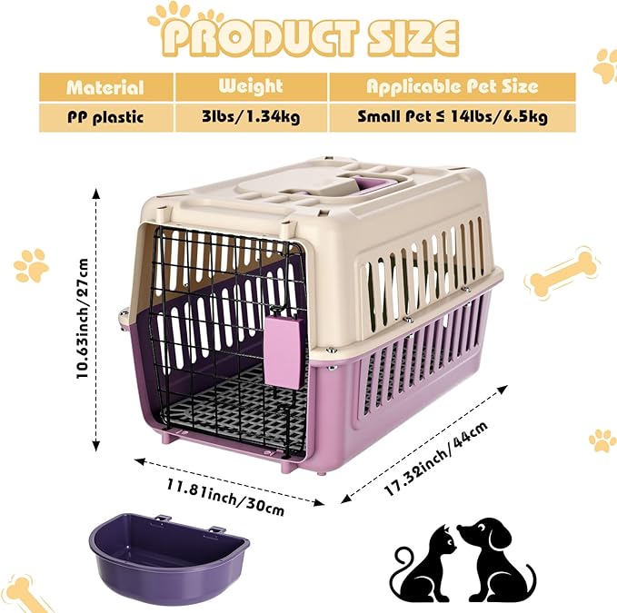 2 Set Hard Plastic Pet Carrier Breathable Dog Cat Kennel with Metal Door Bowl Grille Mat Pet up to 14 Lbs Carrier for Walking Camping Vet Visits Travel, 17.3"L x 11.8"W x 10.6"H(Purple White)