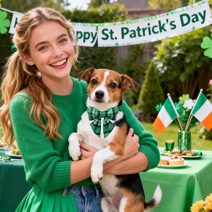 DOGWONG St. Patrick's Day Dog Collar with Sailor Bowtie, Green Plaid Bowtie Dog Collar for Small Medium Large Dogs,XS
