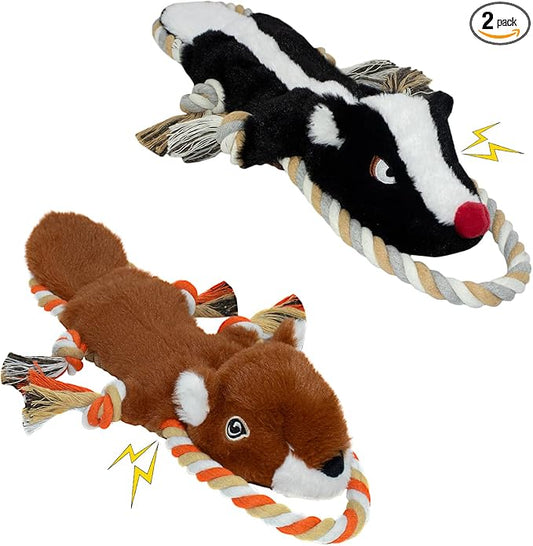 Dog Squeaky Toys, No Stuffing 2-Pack Dog Toys, Crinkle Plush Dog Toys to Keep Them Busy, Rope Dog Toys for Tug of War, Animal Shapes Dog Toys Bundle for Large, Medium and Small Dogs(Skunk, Squirrel)