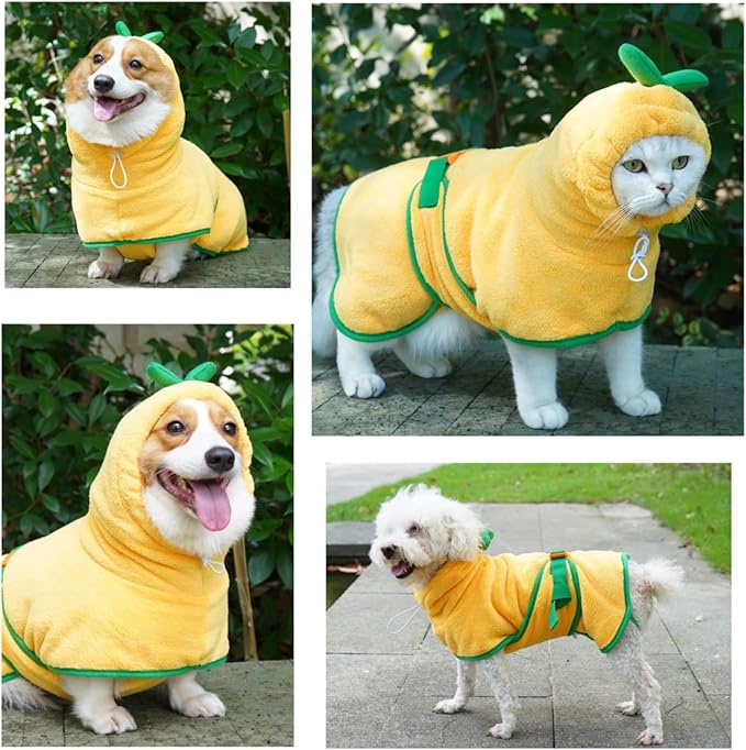 Pet Bathrobe for Dog Cat Absorbently Quick Drying Coat Cute Dogs Bath Towel Hooded Robe Adjustable Collar & Belly Strap for Pool Beach (Yellow, X-Small)