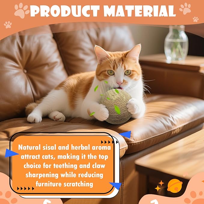 3.94 inch Sisal Cat Ball Toy, Interactive Natural Cat Scratching Ball, Perfect Scratcher for Cats' Exercise and Fun (Sisal)