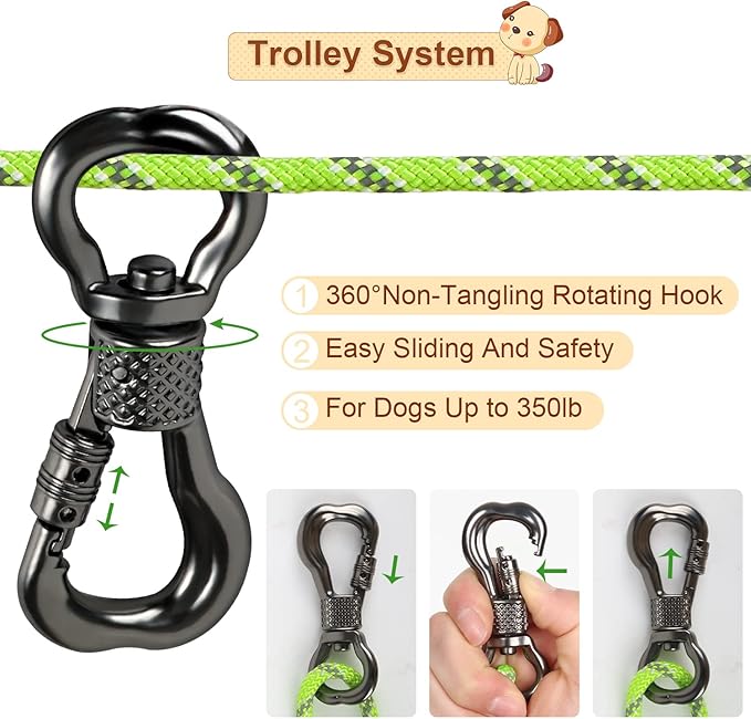 XiaZ Dog Tie Out Cable for Camping, 100FT Portable Overhead Trolley System for Dogs up to 300lbs，Dog Lead for Yard, Camping, Parks, Outdoor Events,5 min Set-up, Green