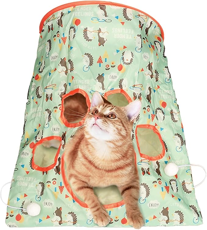 Cat Tunnel Toy, Cat Tunnel Bags with 1 Little Mouse & 3 Ball Crinkle Sack Bag for Cats, Portable Training Cave Collapsible Interactive Cat Drill Bag Pet Toy, Cat Self Interactive Toys(Green)