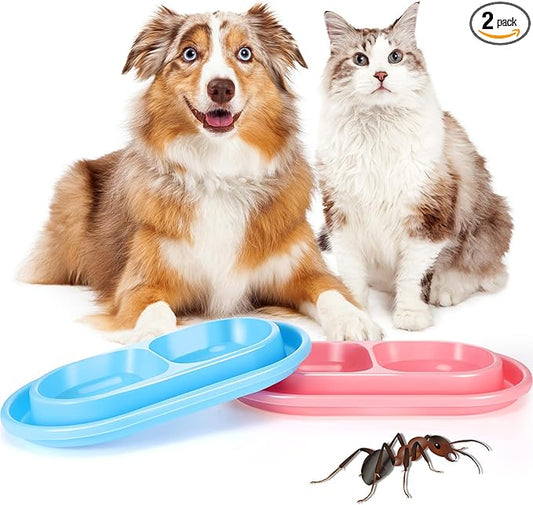 2 Pieces Cat Food Basic Dog Bowls 35oz Plastic Double Pet Food Water Bowls Feeding Bowl Tray Cat Eating and Drinking No Spill for Dogs Pets, Pink and Light Blue