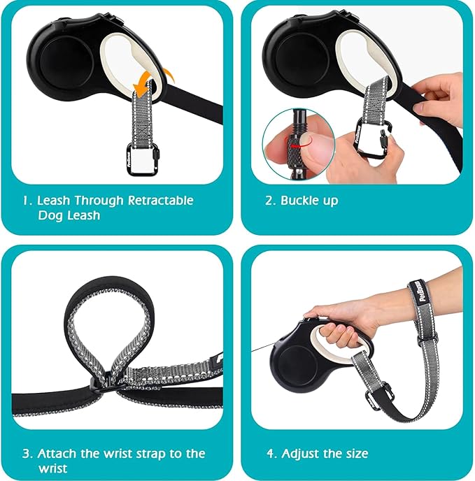 PetBonus Dog Leash Wrist Strap, Safety Strap for Retractable Leash, Lockable Reflective Short Dog Walking Lead with Adjustable Soft Padded Handle, Extra Layer Security for Pet Stroller (Grey)