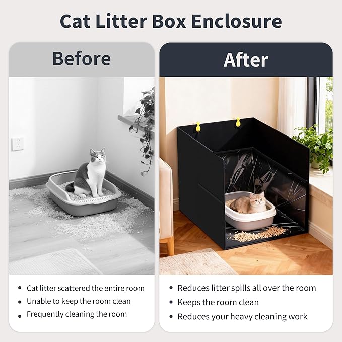 Aokeyee Black Waterproof Cat Litter Box Enclosure Splash Guard with Removable PVC Mat, Foldable Pet Litter Box Shield with 2 Hooks